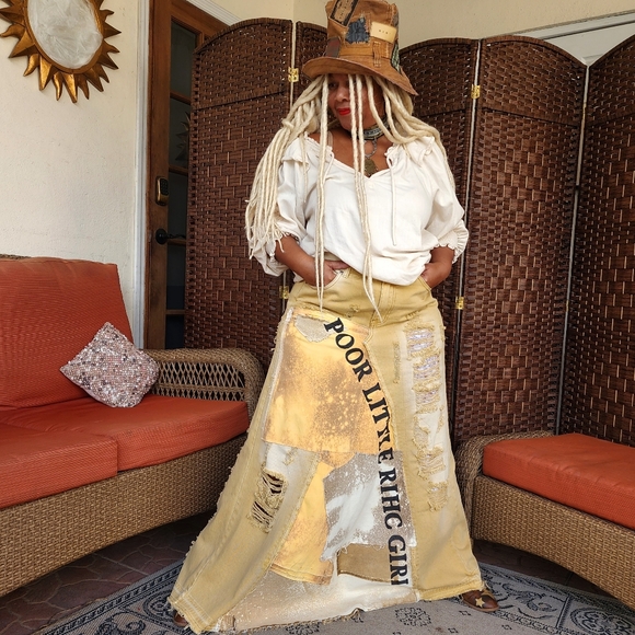 Upcycled Couture concept Designer Maxi Skirt Mustard Denim ShabbyChic - Picture 15 of 16